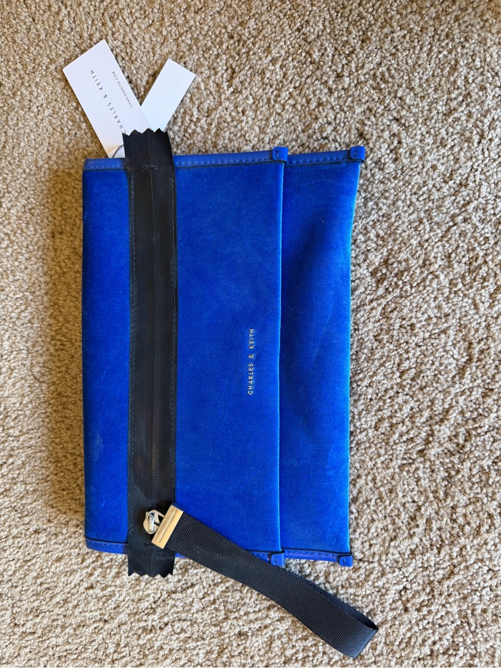 Charles & Keith Royal Blue Suede Fold-Over Clutch with Black Strap